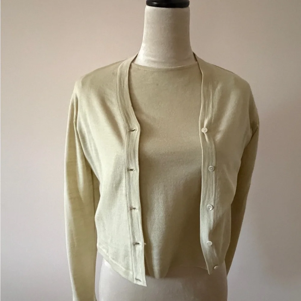 TSE Elegant light Green Button-Up Cardigan and shell twin set